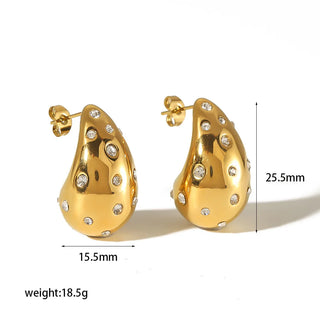 【IA0740】ステンレススチールウォータードロップピアス ジルコンパール付き 18K ゴールド チャンクホロウスタッドピアス 女性用パーティージュエリー
