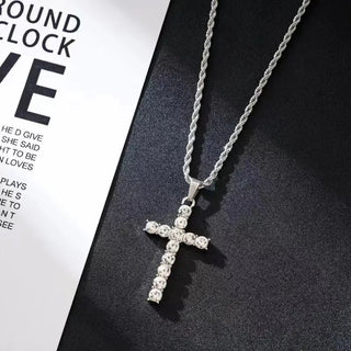 【IA0272】ネックレス メンズ用 ステンレススチールロープチェーン キュービックジルコニアストーン クロスペンダントネックレス