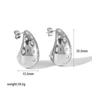 【IA0740】ステンレススチールウォータードロップピアス ジルコンパール付き 18K ゴールド チャンクホロウスタッドピアス 女性用パーティージュエリー