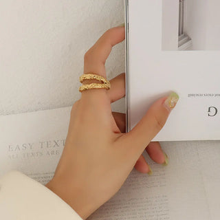 【IA1843】ヴァーシャル VSC12 ファッションジュエリー ダブルレイヤーテクスチャリング 18K ゴールドメッキ ステンレススチール 防水 リング