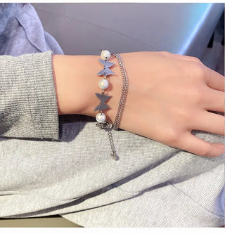 【IA2943】ヴィンテージレイヤード パールバタフライビーズブレスレット マルチレイヤーバタフライ ステンレススチールブレスレット 女性用
