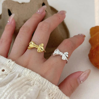 【IA2026】ゴールドバタフライリング 925 スターリングシルバー トレンディ 18K ゴールド ボウタイオープンリング 女性用