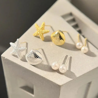【IA2035】925 スターリングシルバー ゴールドカラージュエリーセット ピアス スターフィッシュ＆シェル＆ラウンドビーズピアス 女性用