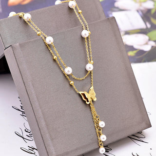 【IA4073】ファッションジュエリー18Kゴールドメッキ人工パールタッセルバタフライネックレスダブルレイヤーステンレススチールバタフライネックレス