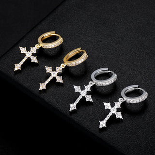 【IA3644】ファッションピアス ヒップホップ ラグジュアリーアイシー ゴールドメッキ クロス ドロップピアス アイスジルコン クロスピアス メンズ用ジュエリー