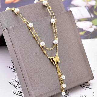 【IA4073】ファッションジュエリー18Kゴールドメッキ人工パールタッセルバタフライネックレスダブルレイヤーステンレススチールバタフライネックレス