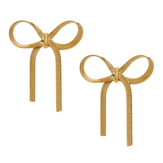 【IA1648】ファッション ステンレススチール 18K ゴールドメッキ 卸 ヘリンボーンチェーン ボウピアス ネックレスセット