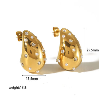 【IA0740】ステンレススチールウォータードロップピアス ジルコンパール付き 18K ゴールド チャンクホロウスタッドピアス 女性用パーティージュエリー