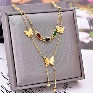【IA4079】カラフルCZバタフライペンダントネックレスステンレススチールダブルレイヤージルコンバタフライペンダントネックレス