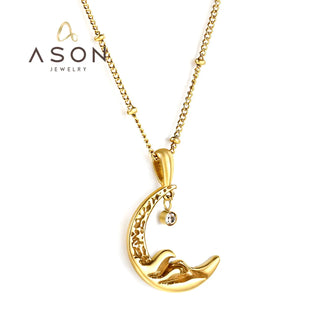 【IA0571】Ason ファッションジュエリー ステートメントチェーンネックレス チャンキーゴールドメッキ ステンレススチールジルコンペンダント ハーフムーンネックレス 男女兼用