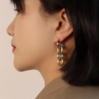 【IA3592】ヒップホップ 18Kゴールドメッキ ステンレススチールジュエリーセット ヘビーメタルストライプエンボス 厚みのあるチェーンブレスレットピアス
