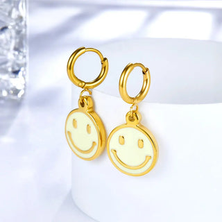 【IA0408】Ason 女性用ファッション 18Kゴールドメッキ ステンレススチール ハギーピアス ジュエリー キュートなイエローラウンドスマイルフェイスフープピアス