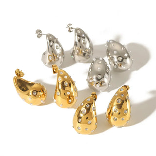 【IA0740】ステンレススチールウォータードロップピアス ジルコンパール付き 18K ゴールド チャンクホロウスタッドピアス 女性用パーティージュエリー