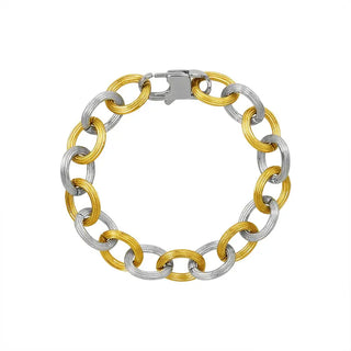 【IA3592】ヒップホップ 18Kゴールドメッキ ステンレススチールジュエリーセット ヘビーメタルストライプエンボス 厚みのあるチェーンブレスレットピアス