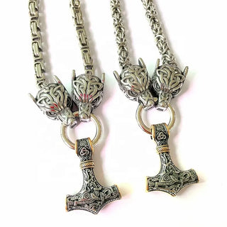 【IA2848】メンズネックレス ステンレススチール ビザンチンチェーン キングチェーン バイキングウルフネックレス メンズソーハンマーネックレス