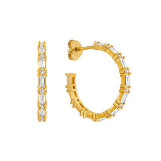 【IA1552】フープ ピアス 925 スターリング シルバー クラスター バゲット フープ ピアス 18k ゴールド プレート