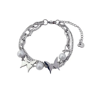 【IA2943】ヴィンテージレイヤード パールバタフライビーズブレスレット マルチレイヤーバタフライ ステンレススチールブレスレット 女性用