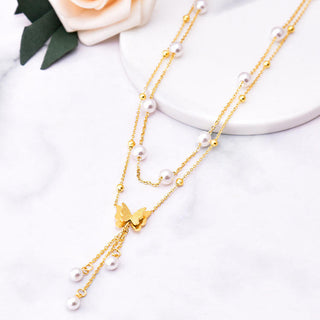 【IA4073】ファッションジュエリー18Kゴールドメッキ人工パールタッセルバタフライネックレスダブルレイヤーステンレススチールバタフライネックレス