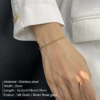 【IA1283】ブレスレット 男女兼用 2mm 高品質 14k ゴールドメッキ ダンディーステンレススチール シンプルボックスチェーンブレスレット ジュエリー