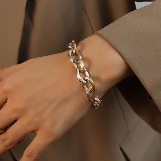 【IA3592】ヒップホップ 18Kゴールドメッキ ステンレススチールジュエリーセット ヘビーメタルストライプエンボス 厚みのあるチェーンブレスレットピアス