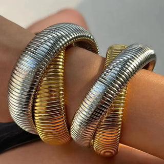 【IA3646】ステンレススチールジュエリー レイヤード ツイストスパイラル カフブレスレット&バングル 18Kゴールドメッキ チャンキーダブルコブラブレスレット レディース用