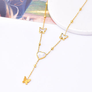 【IA4072】変色しないステンレススチールインレイシェルバタフライハートネックレスチタンスチールバタフライタッセルネックレスレディース用