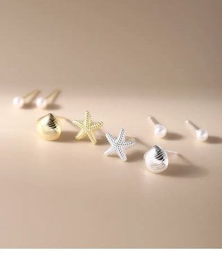 【IA2035】925 スターリングシルバー ゴールドカラージュエリーセット ピアス スターフィッシュ＆シェル＆ラウンドビーズピアス 女性用