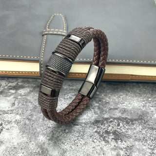 【IA2723】ファッション手編みブラウンマルチレイヤーアクセサリー、ステンレススチールメンズレザーブレスレット