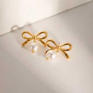 【IA1824】VSA1350 INS ボウパールペンダントピアス 18K ゴールドメッキ ステンレススチール 防水ピアス