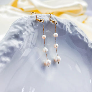 【IA1086】女性用 トレンディ ファインジュエリー ゴールドメッキ ステンレススチールピアス フレッシュウォーターパール ドロップチェーンペンダントピアス