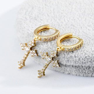 【IA3644】ファッションピアス ヒップホップ ラグジュアリーアイシー ゴールドメッキ クロス ドロップピアス アイスジルコン クロスピアス メンズ用ジュエリー