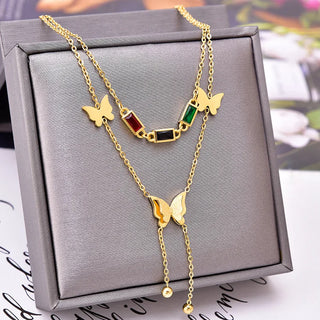 【IA4079】カラフルCZバタフライペンダントネックレスステンレススチールダブルレイヤージルコンバタフライペンダントネックレス