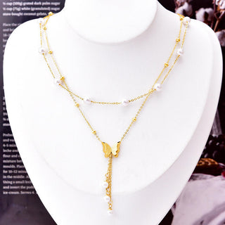 【IA4073】ファッションジュエリー18Kゴールドメッキ人工パールタッセルバタフライネックレスダブルレイヤーステンレススチールバタフライネックレス