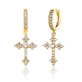 【IA3644】ファッションピアス ヒップホップ ラグジュアリーアイシー ゴールドメッキ クロス ドロップピアス アイスジルコン クロスピアス メンズ用ジュエリー